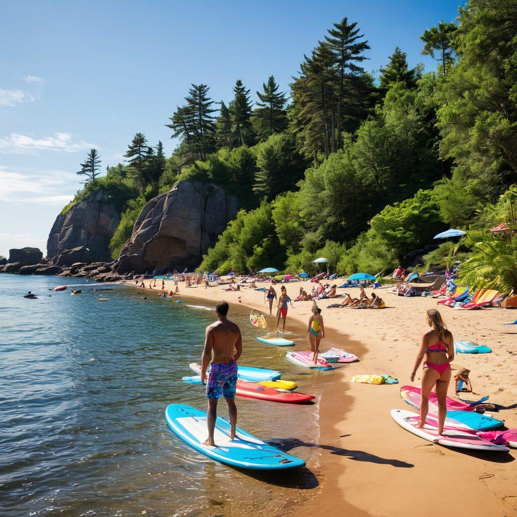 A vibrant beach scene featuring diverse water sports enthusiasts in trendy beachwear, showcasing colorful swimsuits, surfboards, and paddleboards. The backdrop includes a lively Duluth shoreline with sparkling water and sunny skies. Capture the excitement of summer activities on the beach, with people of different ages enjoying the waves and sun. Include palm trees and beach towels for added visual interest. bright colors. super-realistic. sunny atmosphere.