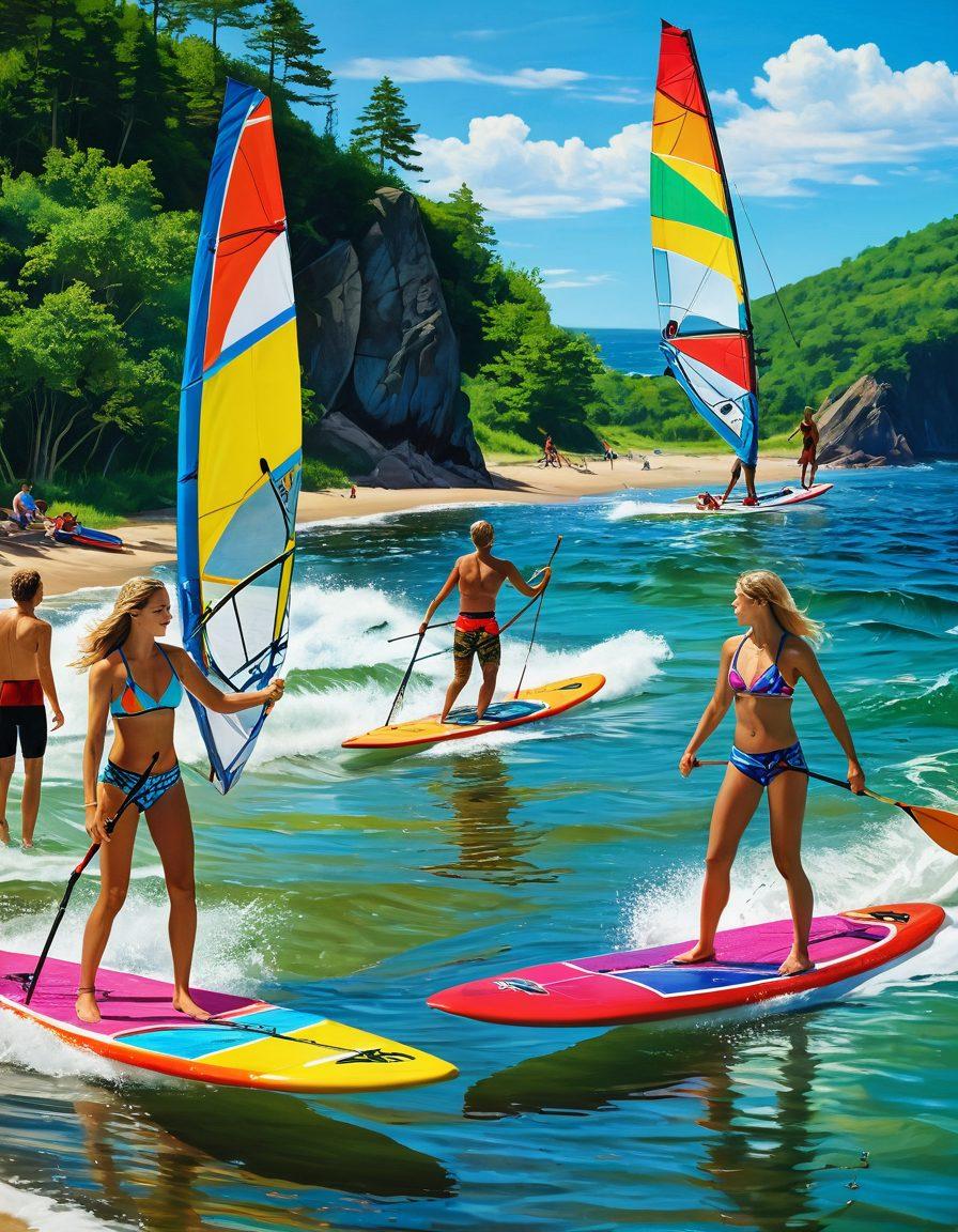 A dynamic beach scene showcasing excited water sports enthusiasts in vibrant beachwear, with windsurfing and paddleboarding in action. The backdrop features the scenic shores of Duluth, complete with lush greenery and rolling waves. Emphasize bright colors and playful patterns in the beachwear while capturing the energy and thrill of the sports. super-realistic. vibrant colors. sunny atmosphere.